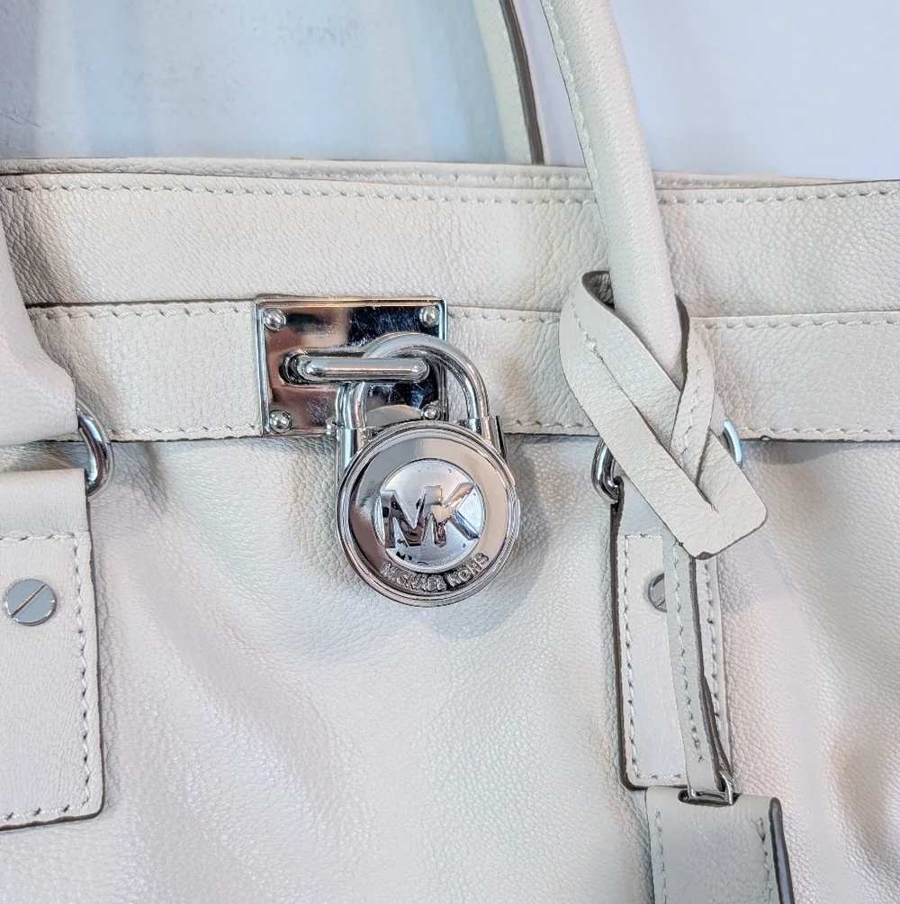 Michael Kors hamilton Safiano Ivory Leather Tote with Silver Lock And Chain